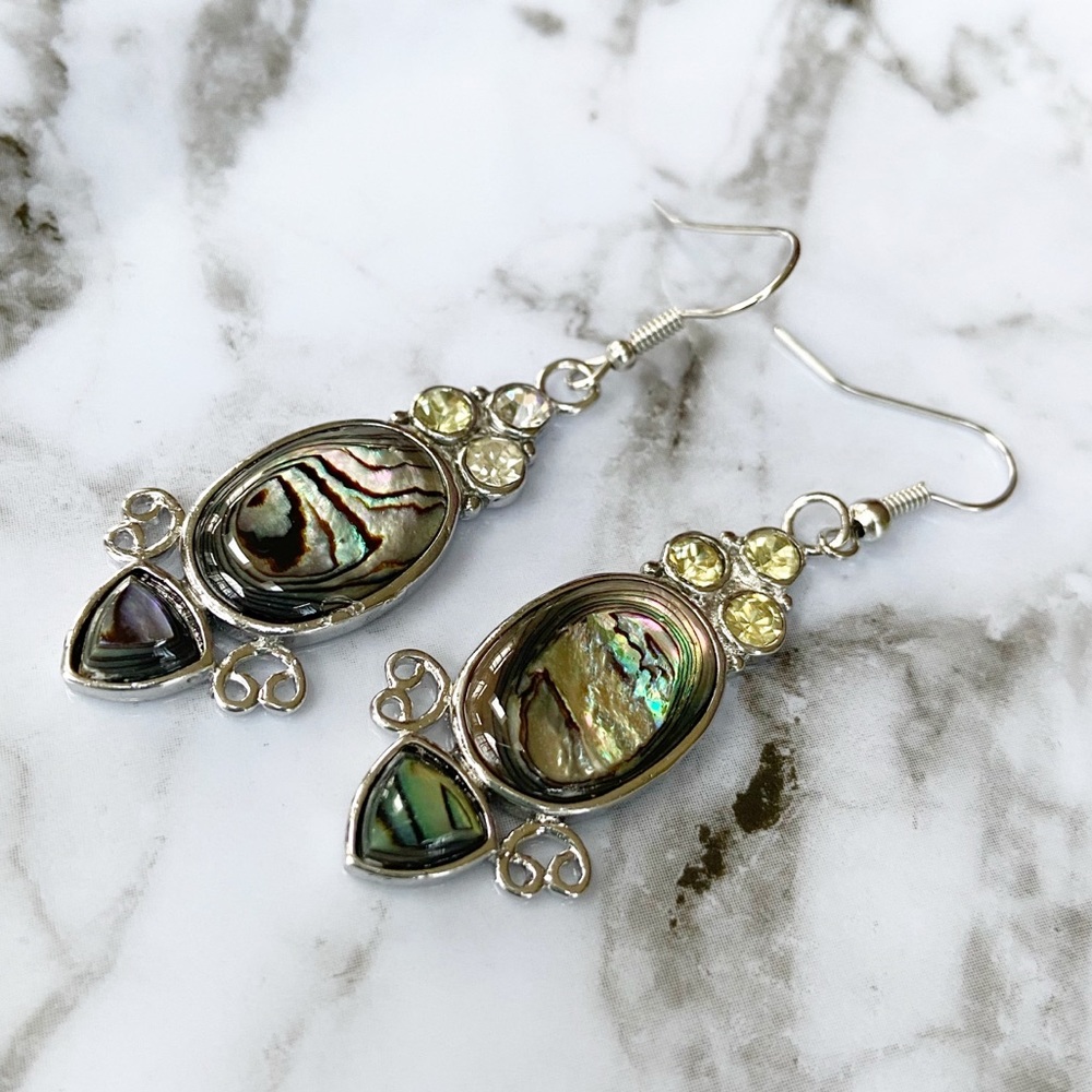 Abalone Shell Oval Earrings with Rhinestones Silver Plated Pierced 18x37mm NEW